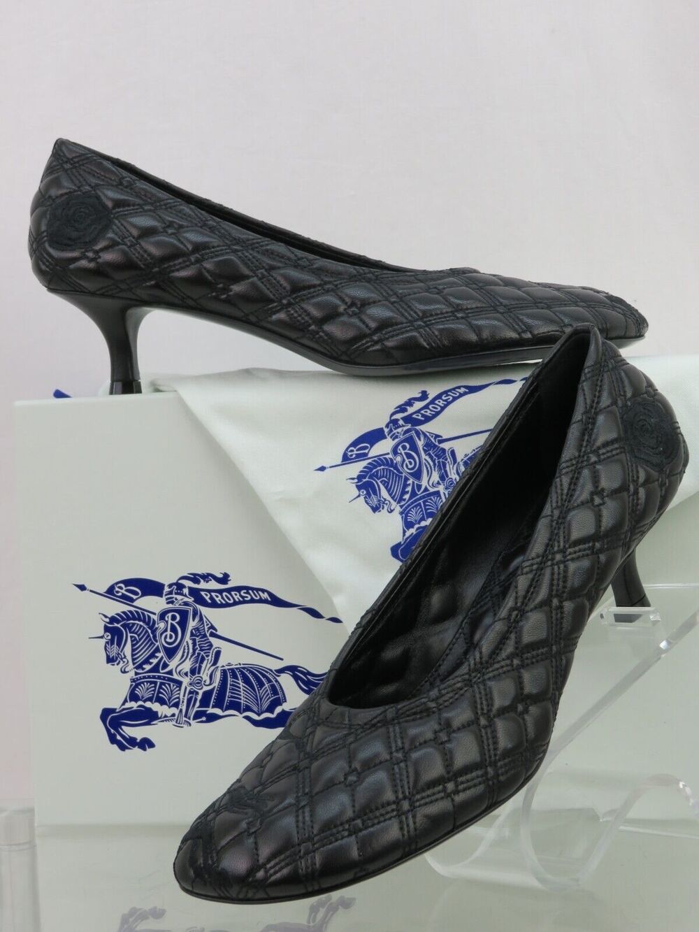 BURBERRY BABY BLACK QUILTED LEATHER LOGO KITTEN HEEL PUMPS EU 36.5 US 6.5 $1K